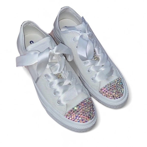 Crystal AB & Charms Low Top Converse Sizes 5-14 New In Box With Ribbon Laces - Picture 2 of 13